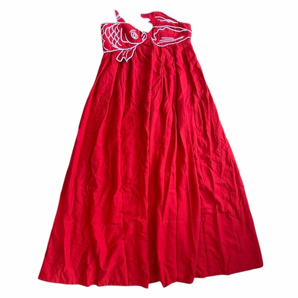 Farm Rio Red Fish Top Linen Blend Strapless Maxi Dress Tropical Appliqué Medium - Picture 7 of 12